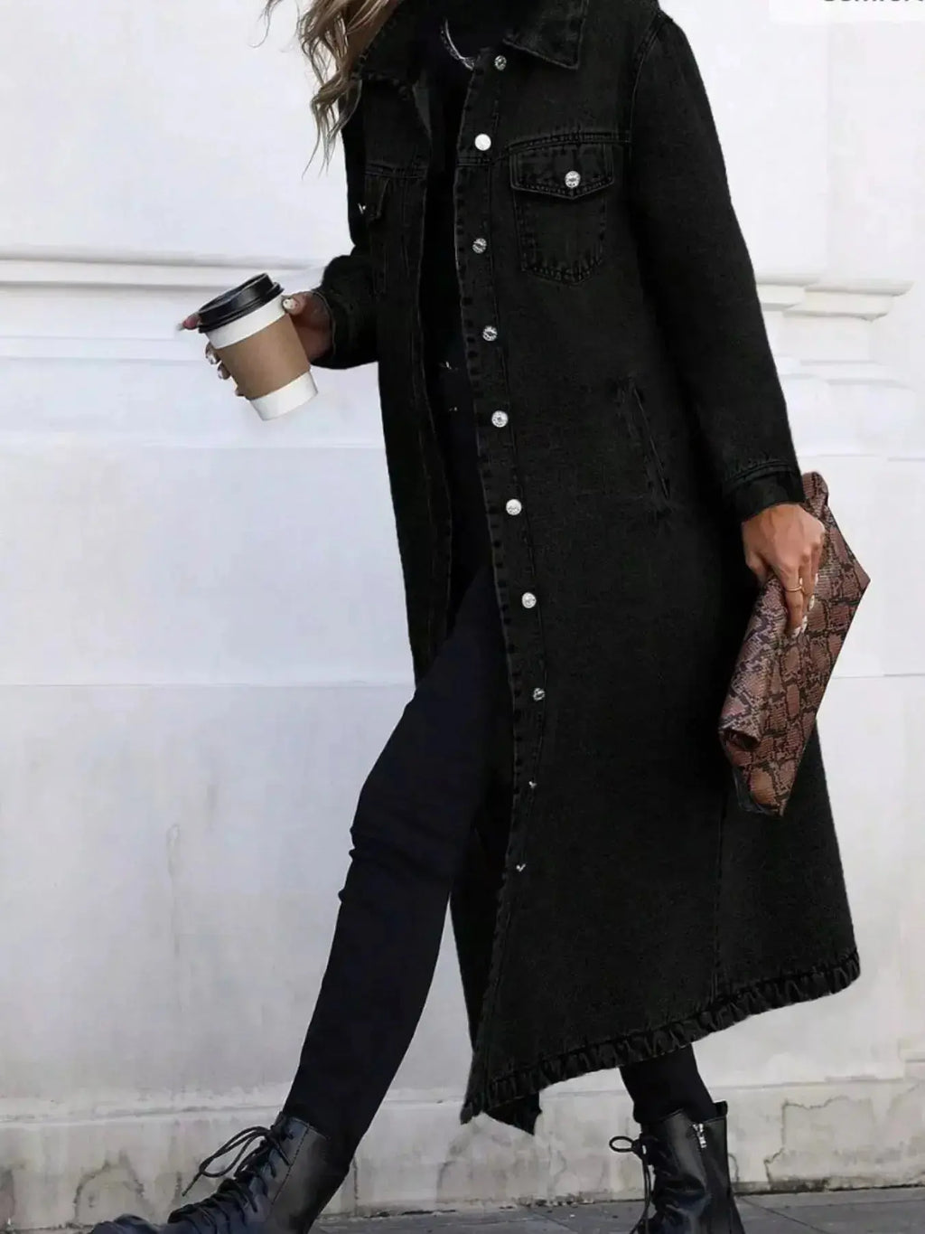 Women’s longline denim jacket by Plush Fashion Hub featuring button-front design and structured cotton blend outerwear.