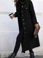 Women’s longline denim jacket by Plush Fashion Hub featuring button-front design and structured cotton blend outerwear.