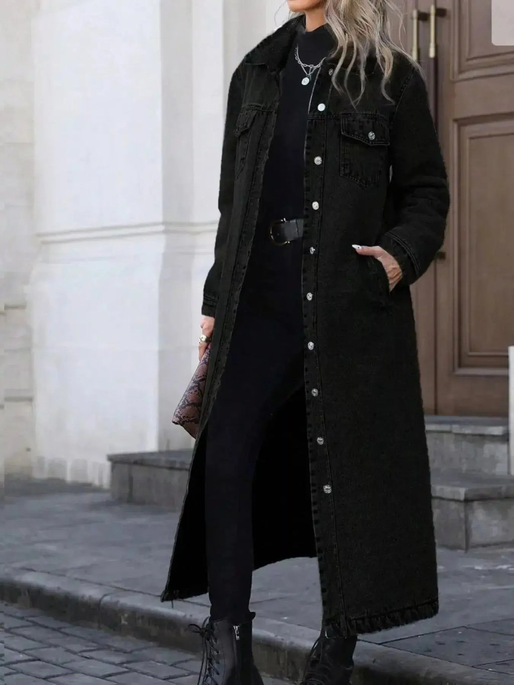 Women’s longline denim jacket by Plush Fashion Hub featuring button-front closure and structured cotton blend outerwear.
