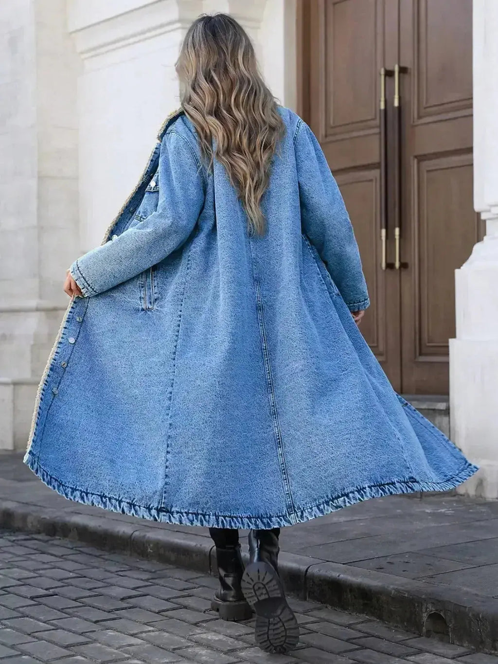 Women’s longline denim jacket with sherpa lining, cozy fall and winter outerwear, stylish and warm for cold weather.