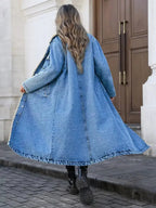 Women’s longline denim jacket with sherpa lining, cozy fall and winter outerwear, stylish and warm for cold weather.
