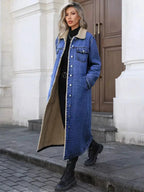 Women's longline denim jacket with sherpa lining by Trendsi, cozy fall and winter outerwear, stylish and warm for chilly days.