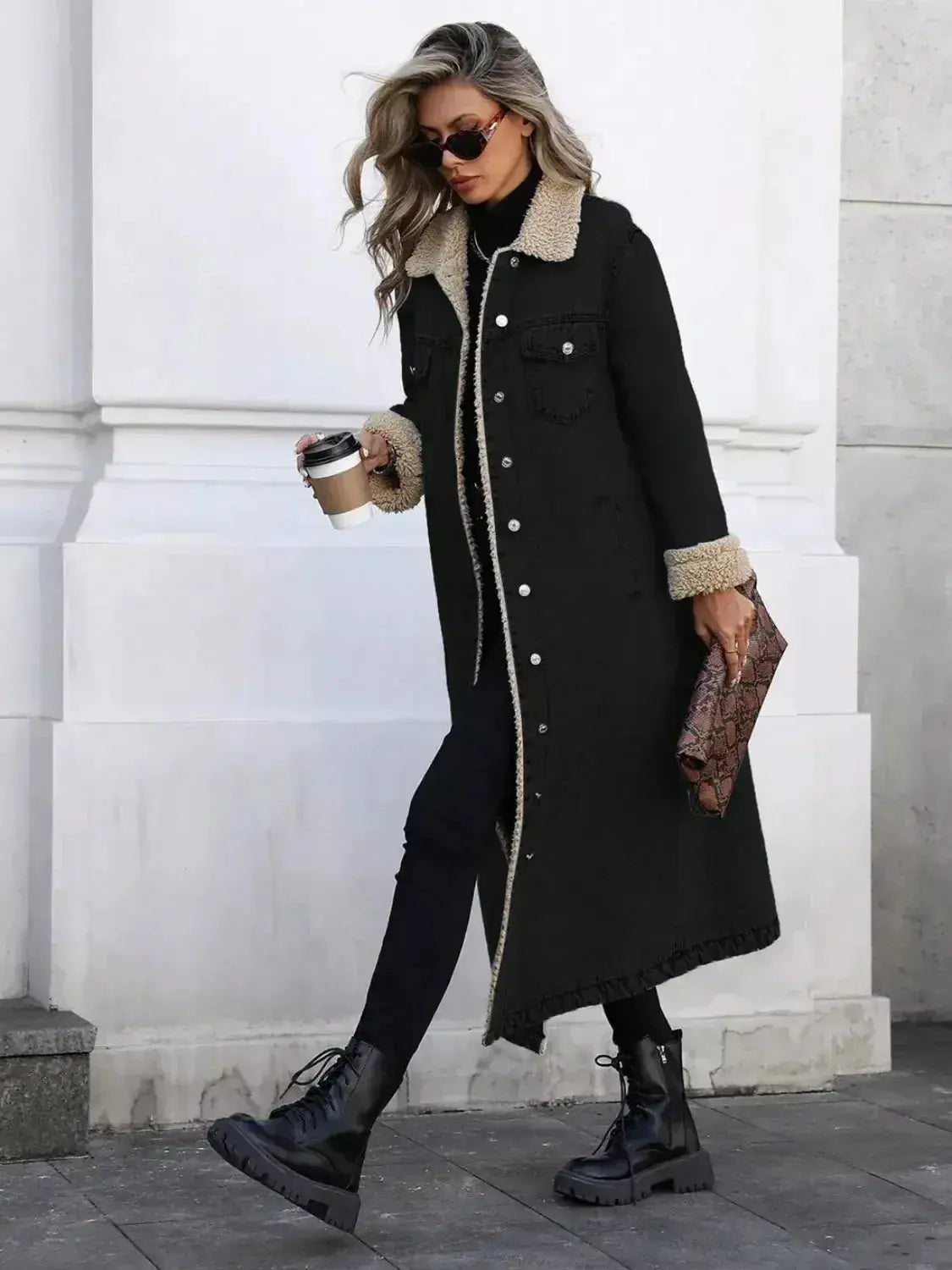 Women’s longline denim jacket with sherpa lining, cozy fall and winter outerwear, stylish and warm from Trendsi.