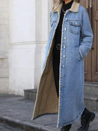 Women’s longline denim jacket with sherpa lining, cozy fall and winter outerwear by Trendsi, shown in a stylish denim design.