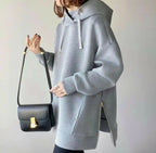 Women's hooded side-zip knit sweater in solid color, relaxed fit, from Plush Fashion Hub, featuring a comfortable, casual pullover style.