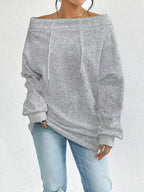 Women's off-shoulder long sleeve sweatshirt with drawstring details, stylish and comfortable from Plush Fashion Hub.