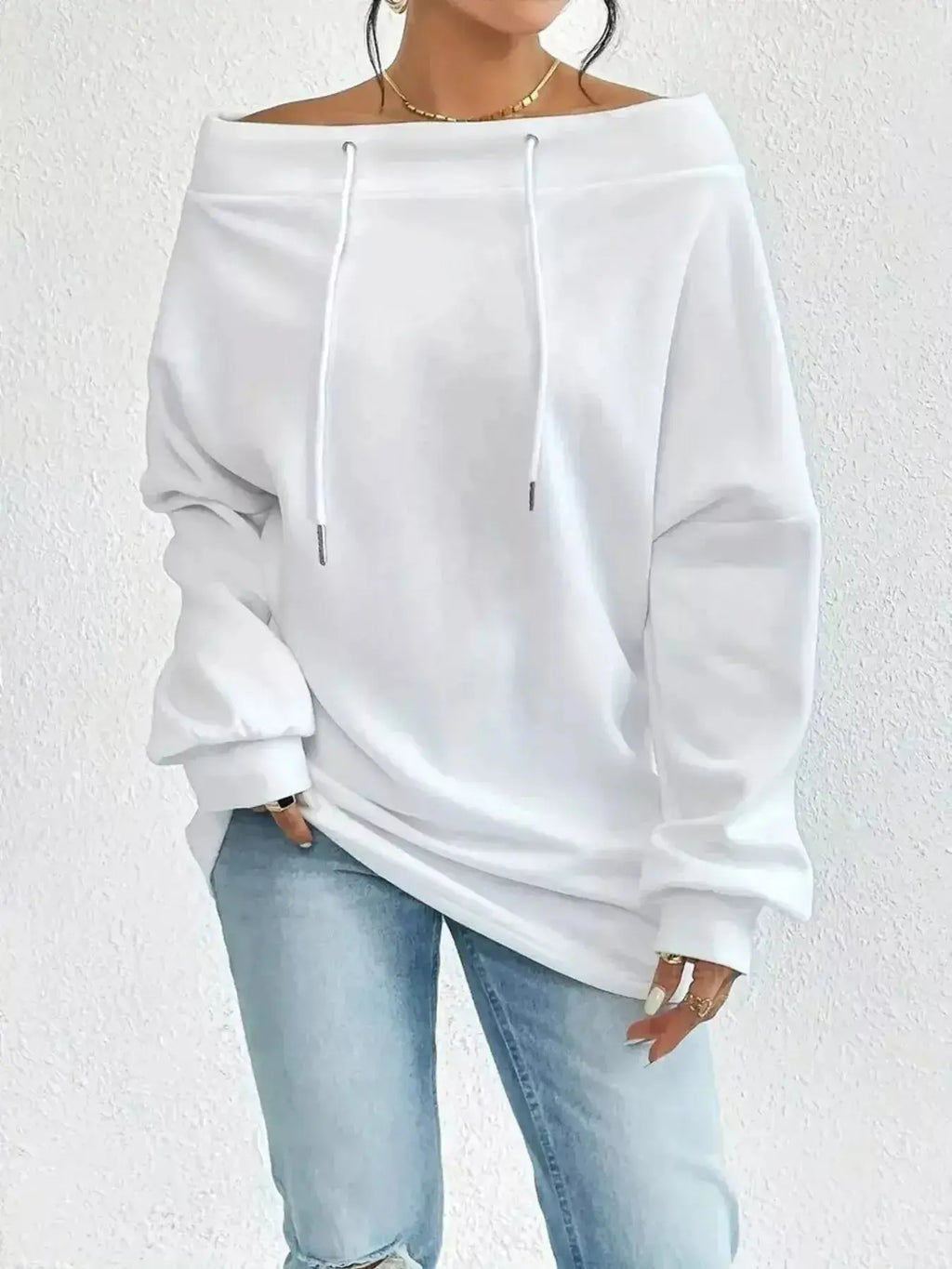Women’s off-shoulder long sleeve drawstring sweatshirt by Plush Fashion Hub, casual fit with relaxed style and soft fabric.