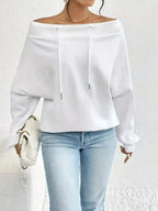 Women’s off-shoulder long sleeve drawstring sweatshirt by Plush Fashion Hub, featuring a relaxed fit and casual style.