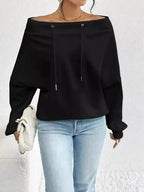 Women’s off-shoulder long sleeve drawstring sweatshirt by Plush Fashion Hub, featuring a casual, stylish design with a relaxed fit.