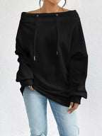 Women's off-shoulder long sleeve sweatshirt with drawstrings by Plush Fashion Hub, featuring a casual and stylish fit.
