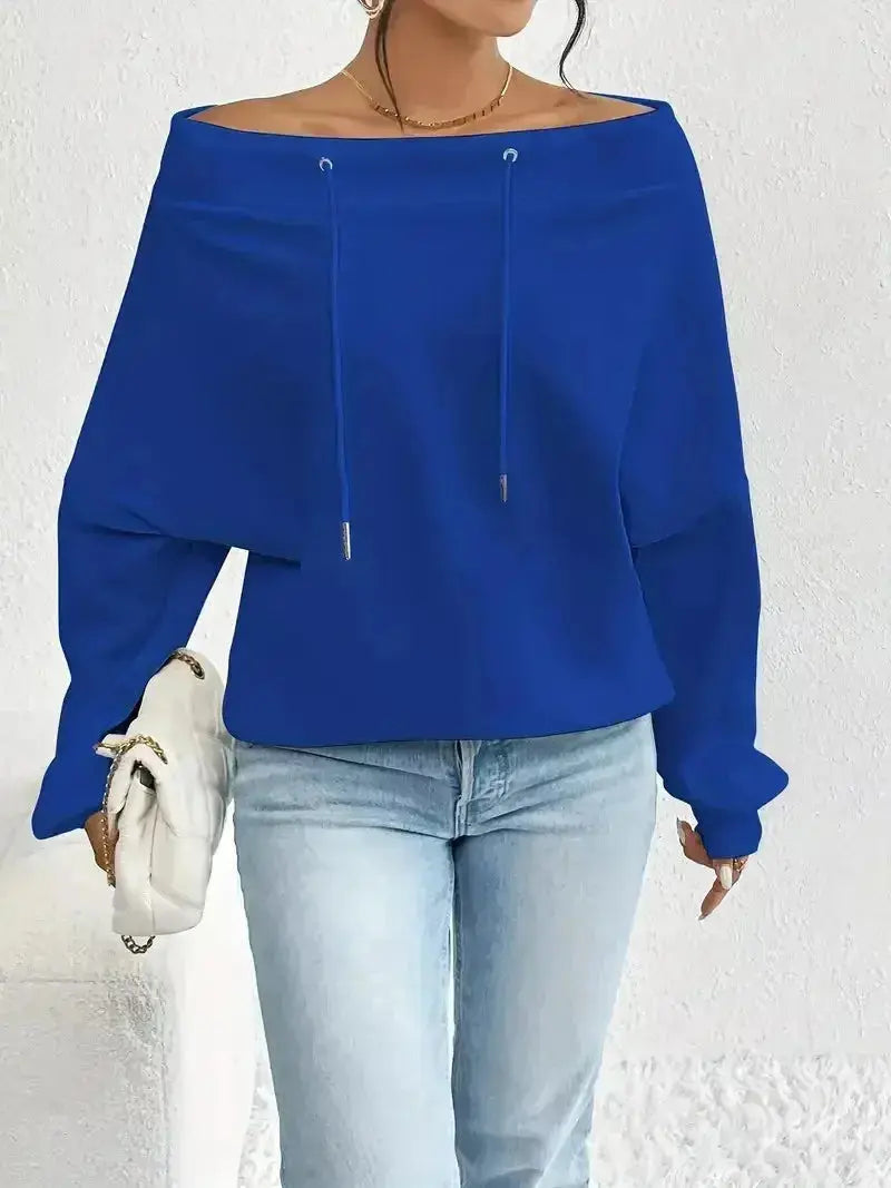 Women’s off-shoulder long sleeve drawstring sweatshirt by Plush Fashion Hub, featuring a stylish off-shoulder design and comfortable fit.