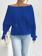 Women’s off-shoulder long sleeve drawstring sweatshirt by Plush Fashion Hub, featuring a stylish off-shoulder design and comfortable fit.