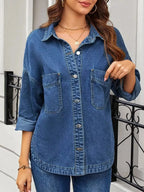Women’s oversized denim jacket by Trendsi, relaxed fit casual outerwear with button-up front and classic denim texture.