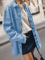 Women’s oversized denim shirt with button-up design, relaxed fit, casual chic style, from Trendsi.