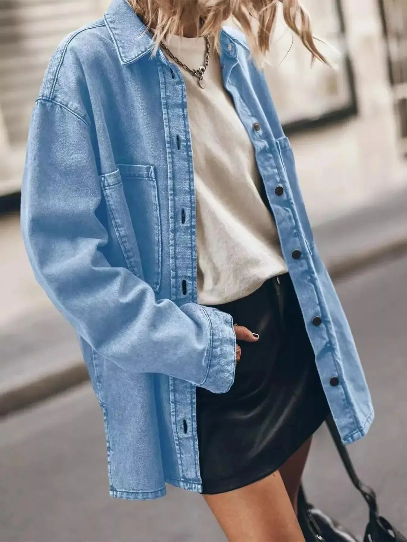 Women’s oversized denim shirt with button-up design, relaxed fit, casual chic style, from Trendsi.