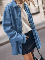 Women’s oversized denim shirt by Trendsi, relaxed fit button-up style with casual, chic design, shown in medium blue denim fabric.