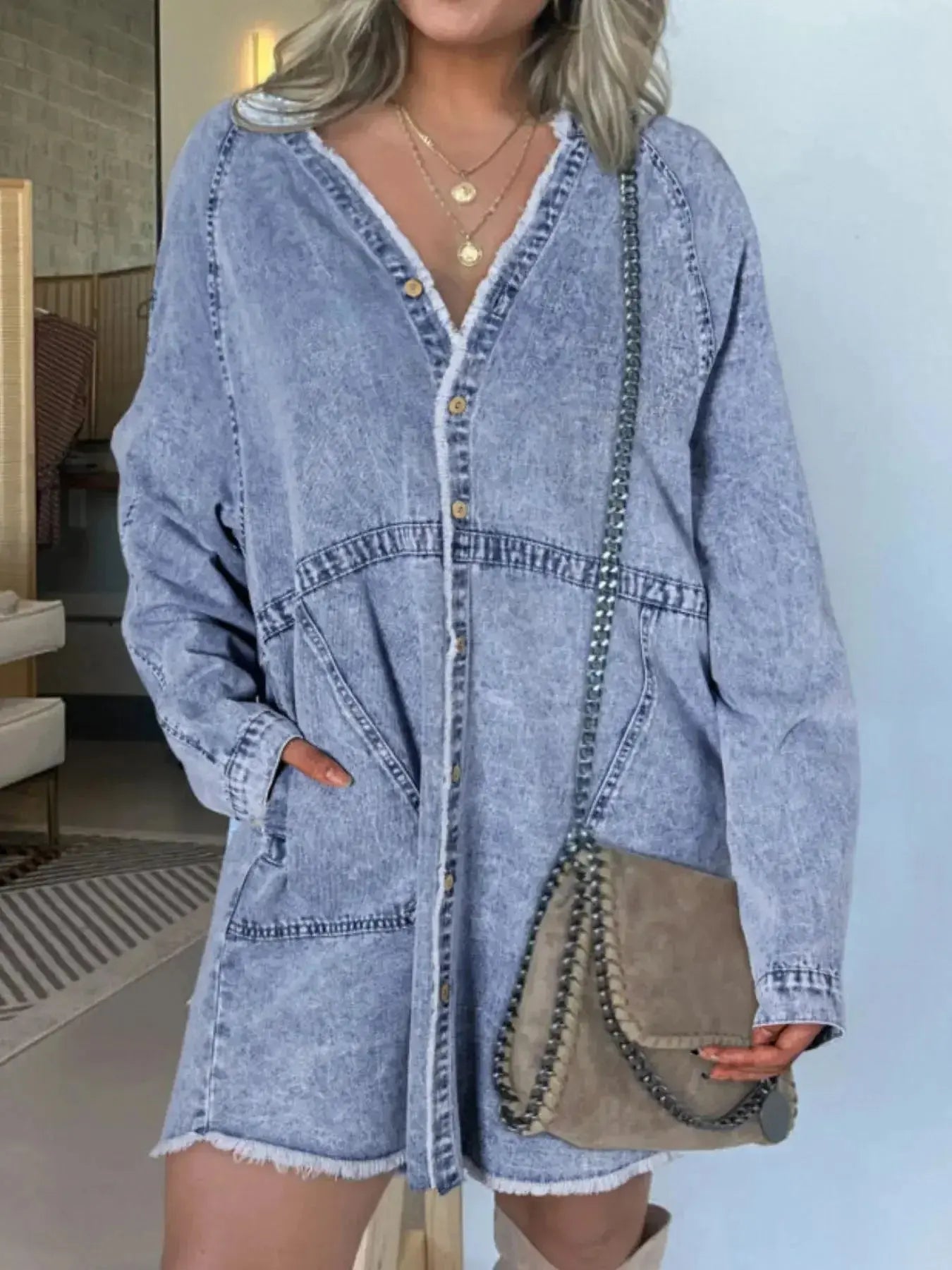Women’s oversized long sleeve denim shirt dress with pockets, casual trendy denim dress by Trendsi.