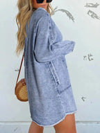 Women’s oversized long sleeve denim shirt dress with front pockets, casual and stylish Trendsi denim dress for women.
