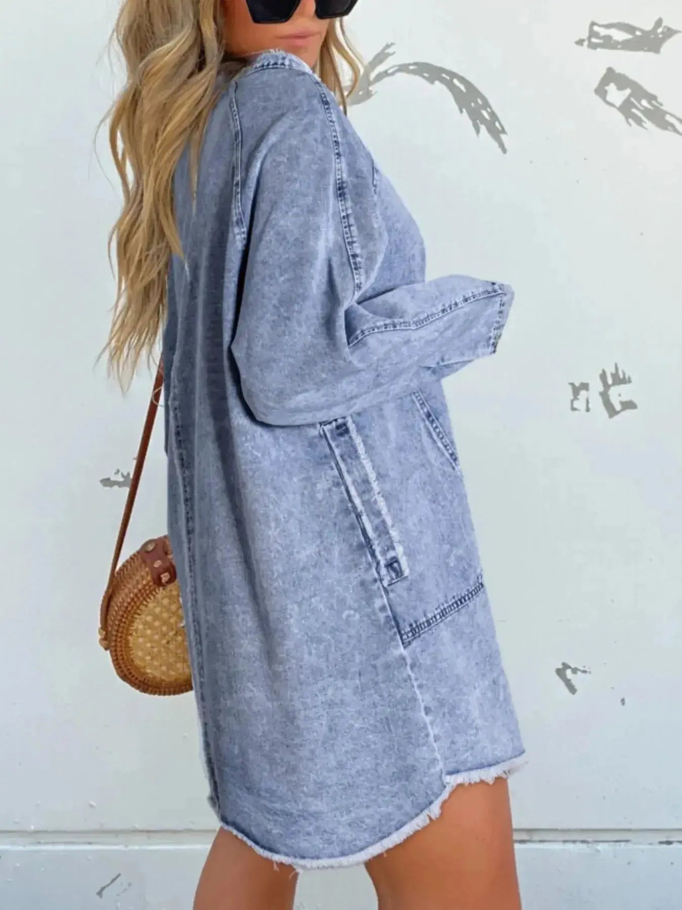 Women’s oversized long sleeve denim shirt dress with front pockets, casual and stylish Trendsi denim dress for women.
