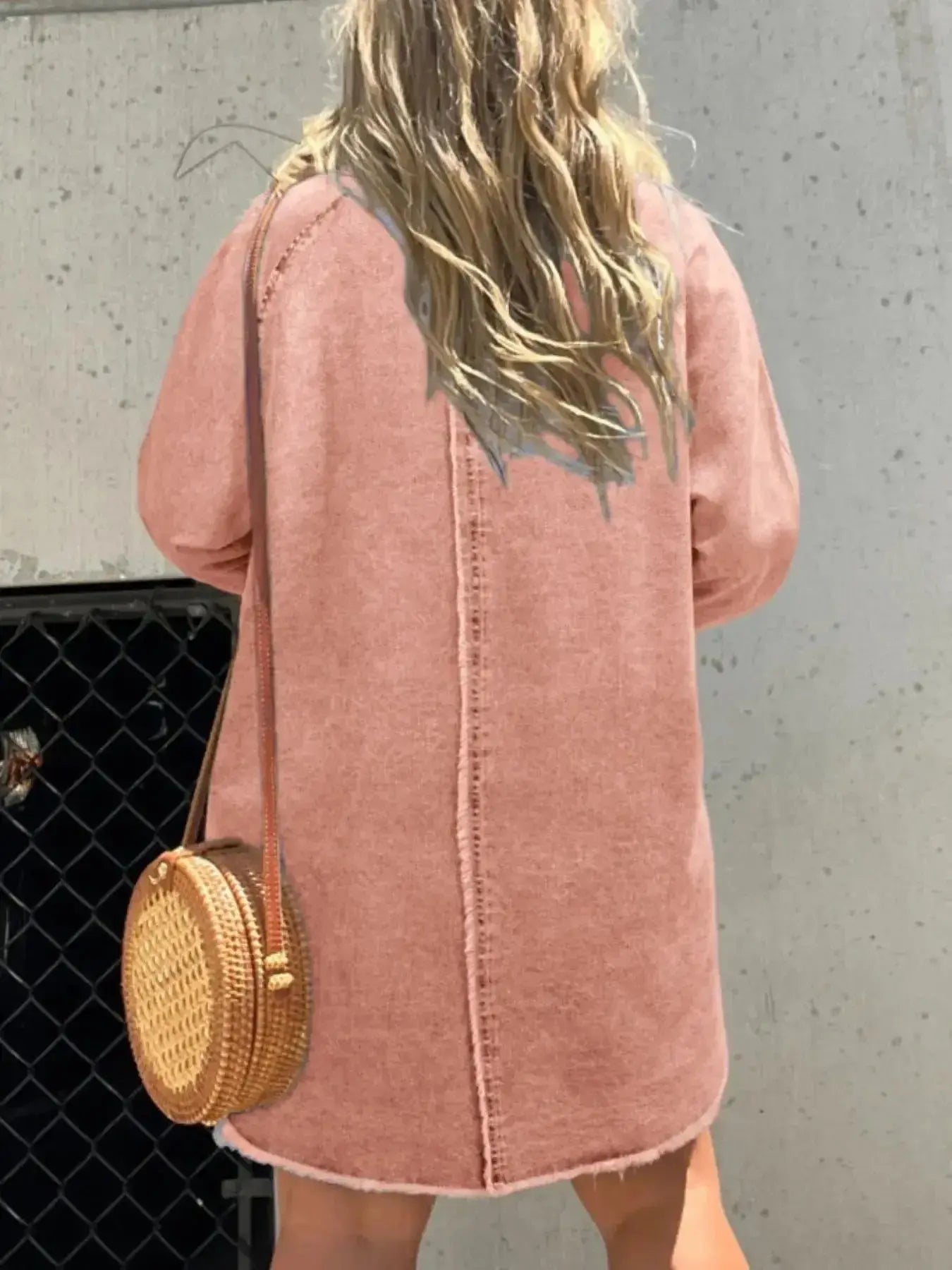Women’s oversized long sleeve denim shirt dress with front pockets, casual and stylish by Trendsi.