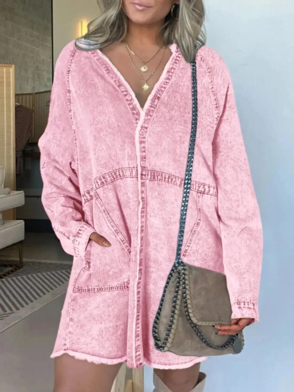 Women’s oversized long sleeve denim shirt dress with pockets, stylish casual denim dress by Trendsi.