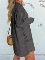 Women’s oversized long sleeve denim shirt dress with front pockets, trendy casual style by Trendsi.