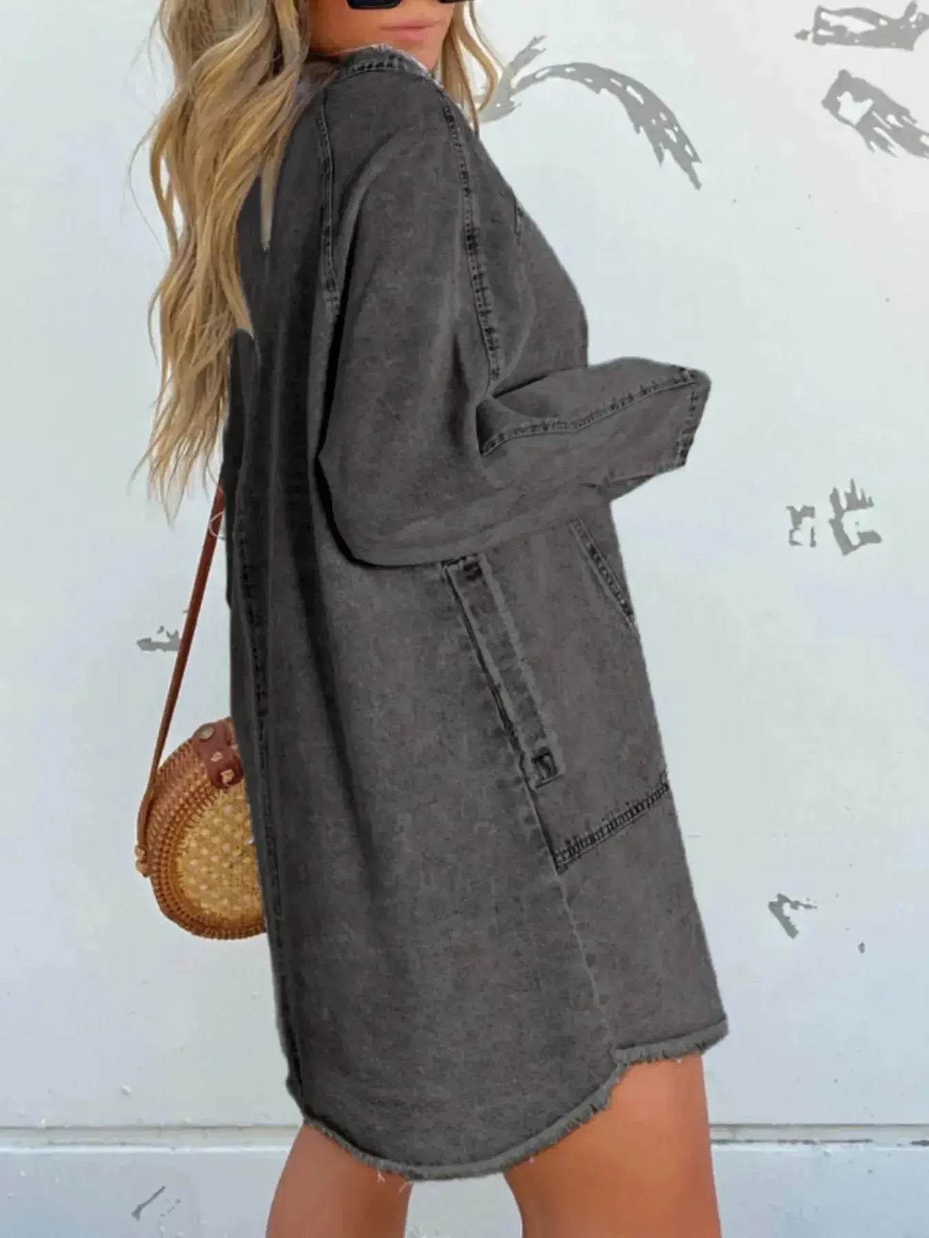 Women’s oversized long sleeve denim shirt dress with front pockets, trendy casual style by Trendsi.