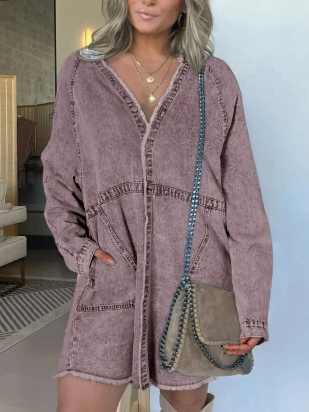 Women’s oversized long sleeve denim shirt dress with front pockets, stylish and casual by Trendsi.