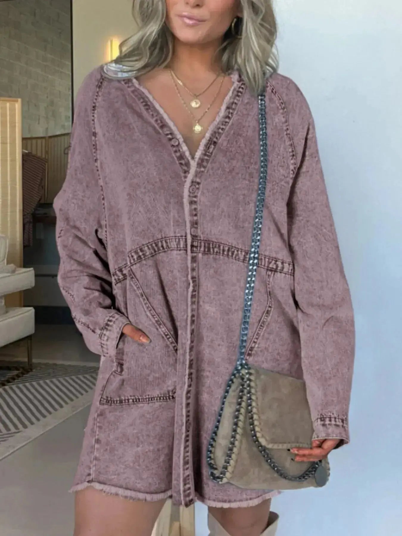 Women’s oversized long sleeve denim shirt dress with front pockets, stylish and casual by Trendsi.