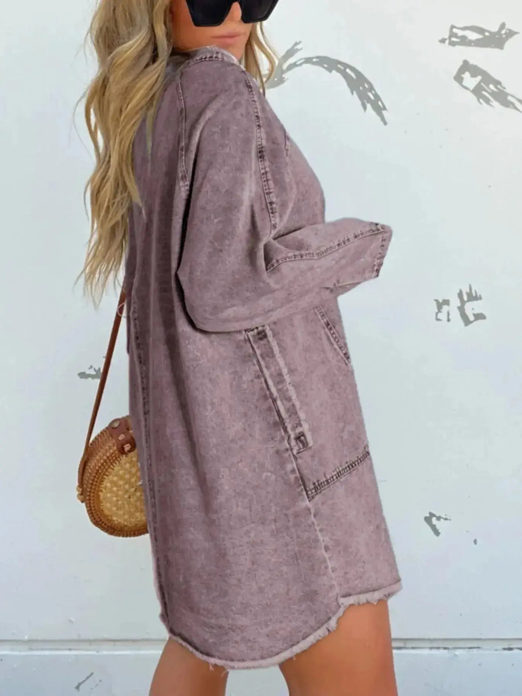 Women's oversized long sleeve denim shirt dress with front pockets, casual and stylish Trendsi denim dress for women.