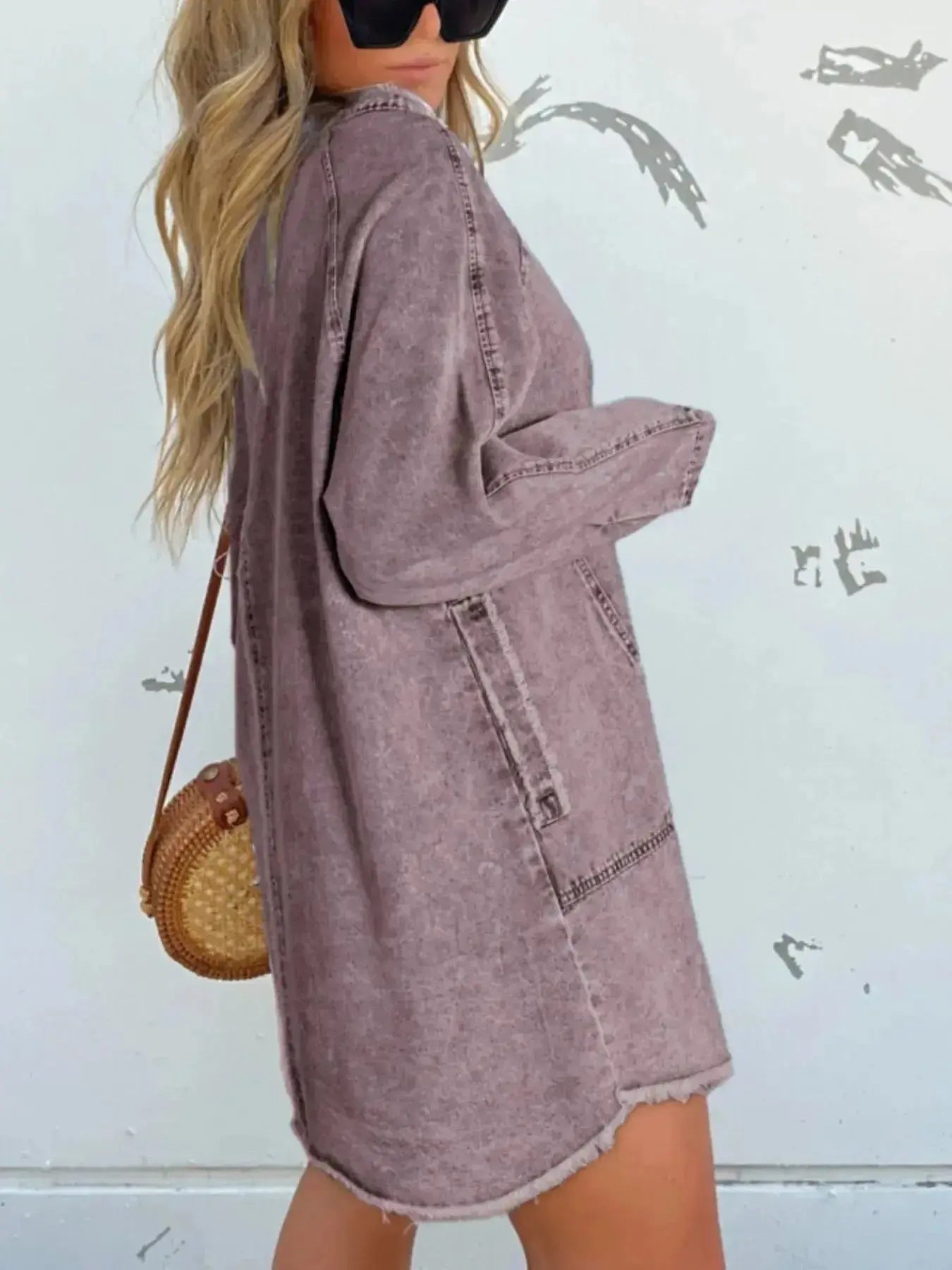 Women's oversized long sleeve denim shirt dress with front pockets, casual and stylish Trendsi denim dress for women.