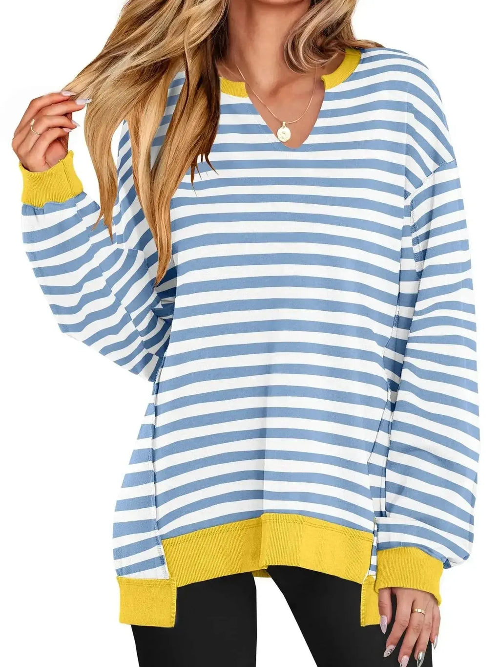 Women’s oversized notched neck sweatshirt with contrast stitching, trendy sweater by Trendsi, shown in a relaxed fit style.