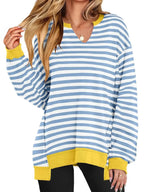 Women’s oversized notched neck sweatshirt with contrast stitching, trendy sweater by Trendsi, shown in a relaxed fit style.