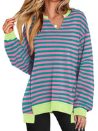 Women’s oversized notched neck sweatshirt with contrast stitching, stylish sweater by Trendsi, shown on a woman.