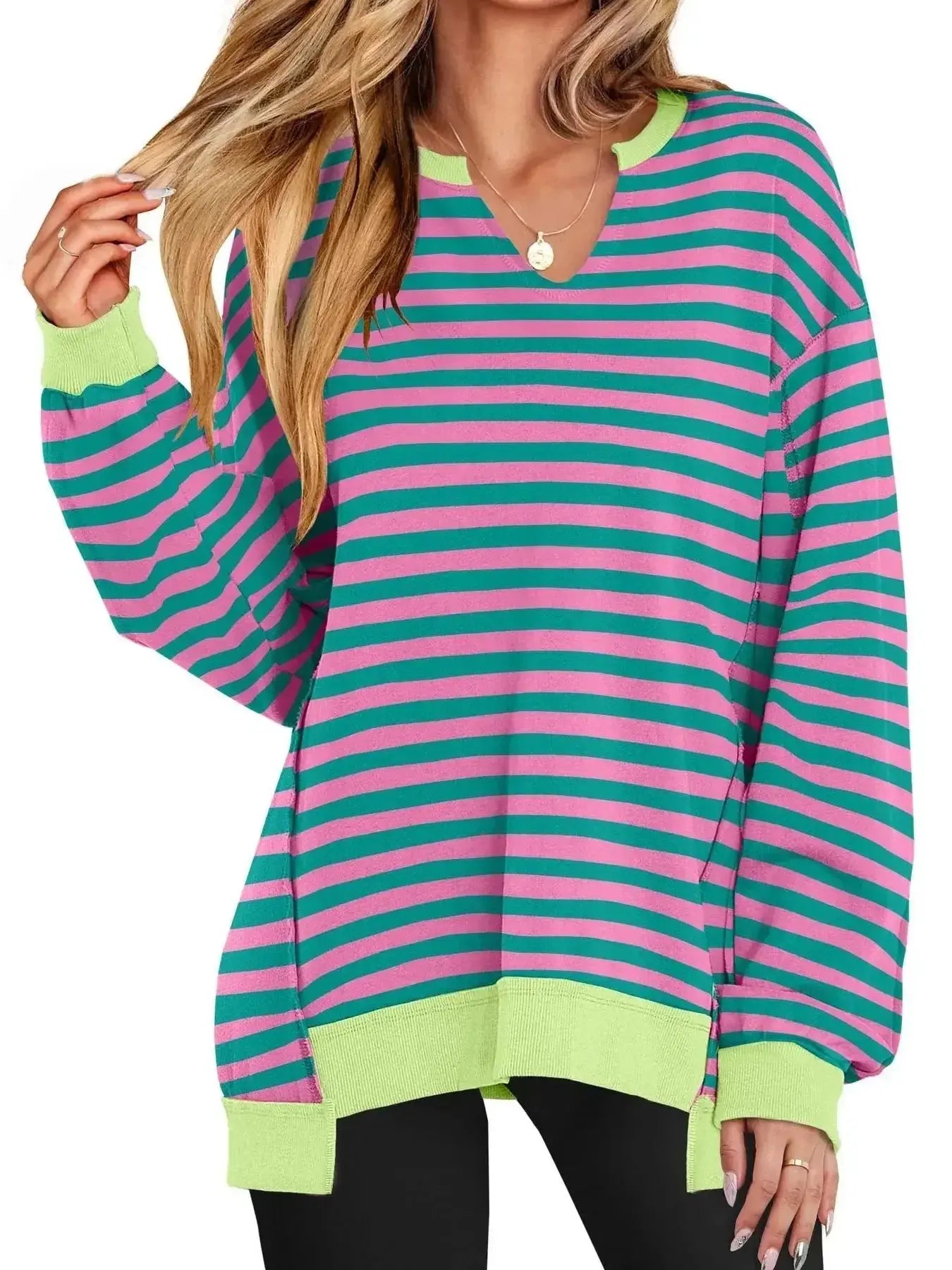 Women’s oversized notched neck sweatshirt with contrast stitching, stylish sweater by Trendsi, shown on a woman.