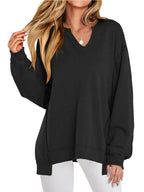 Women's oversized notched neck sweatshirt with contrast stitching from Trendsi, featuring a relaxed fit and stylish neckline.