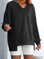 Women's oversized notched neck sweatshirt with contrast stitching, stylish and comfortable sweater by Trendsi.
