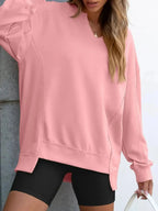 Women’s oversized notched neck sweatshirt with contrast stitching, casual sweater by Trendsi, featuring a relaxed fit and stylish design.