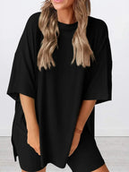 Women’s oversized round neck loungewear shirt from Trendsi, soft and comfortable two-piece lounge set for relaxed wear.