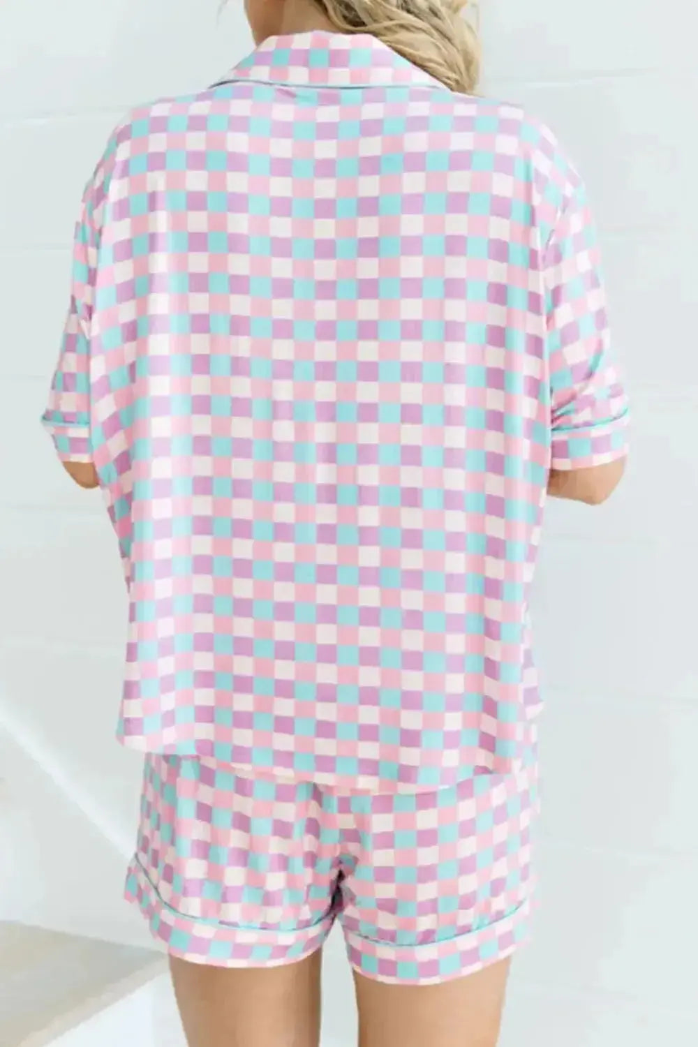 Women's plaid short sleeve pajama lounge set with collar and pockets, comfortable sleepwear from Trendsi.