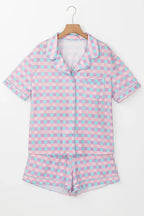 Women’s plaid collared short sleeve pajama lounge set with pockets, featuring a relaxed fit and comfortable fabric from Trendsi.