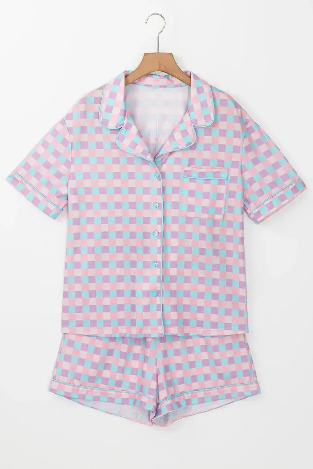 Women’s plaid collared short sleeve pajama lounge set with pockets, featuring a relaxed fit and comfortable fabric from Trendsi.