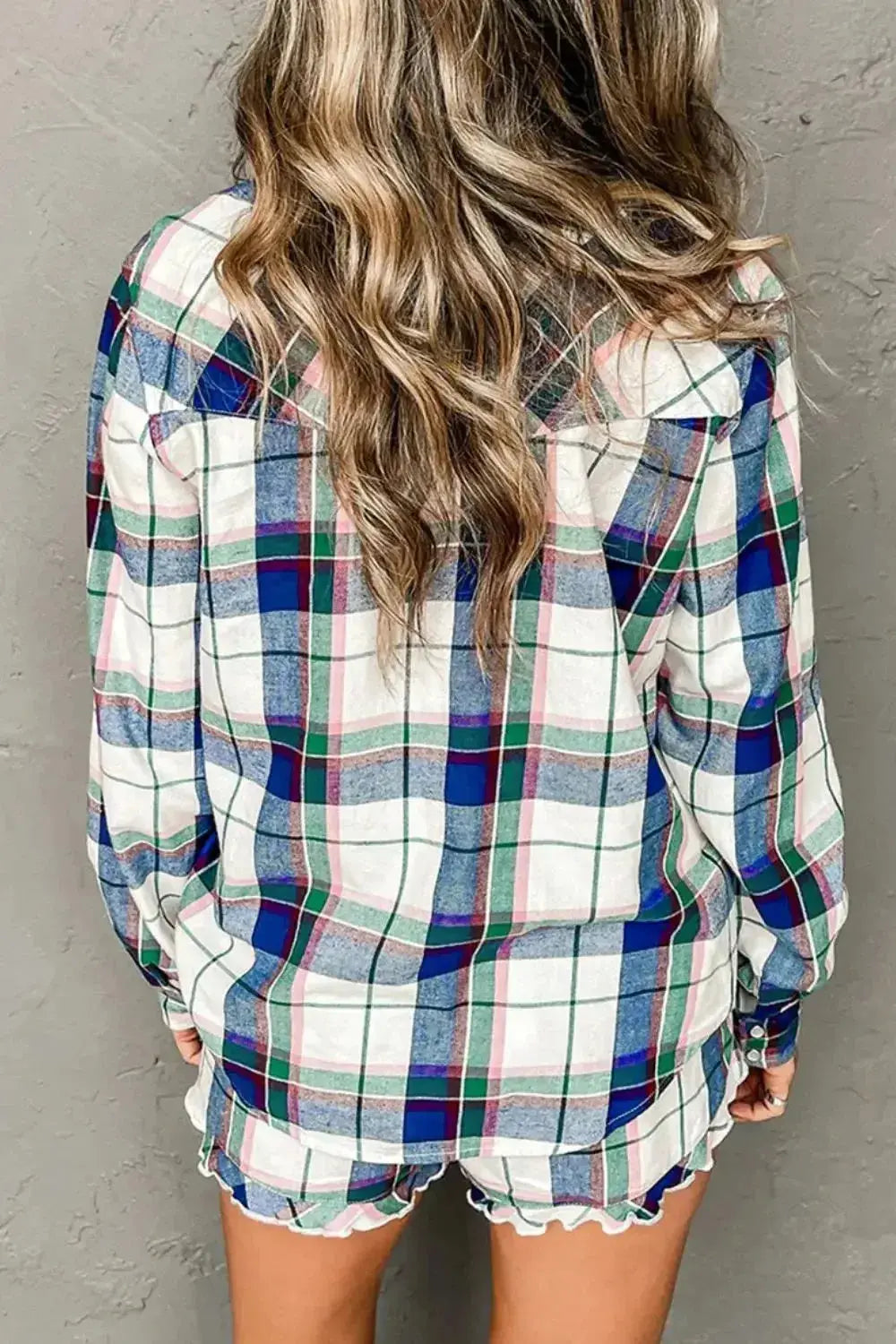 Women's plaid long sleeve lounge pajama set with snap-down top and shorts from Plush Fashion Hub. Comfortable sleepwear.