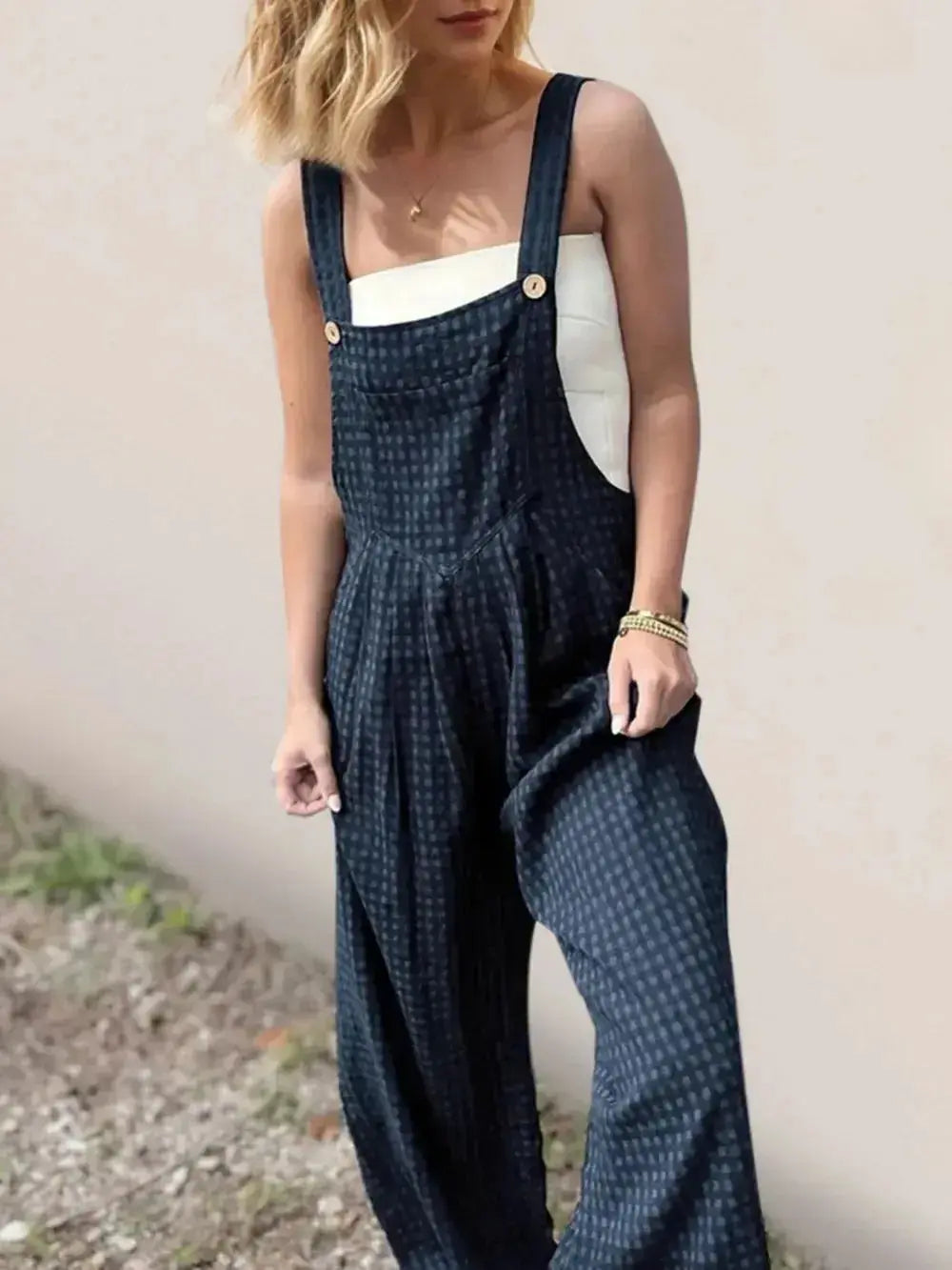 Women's plaid cotton romper with wide leg design and functional pockets, stylish and comfortable overalls by Trendsi.