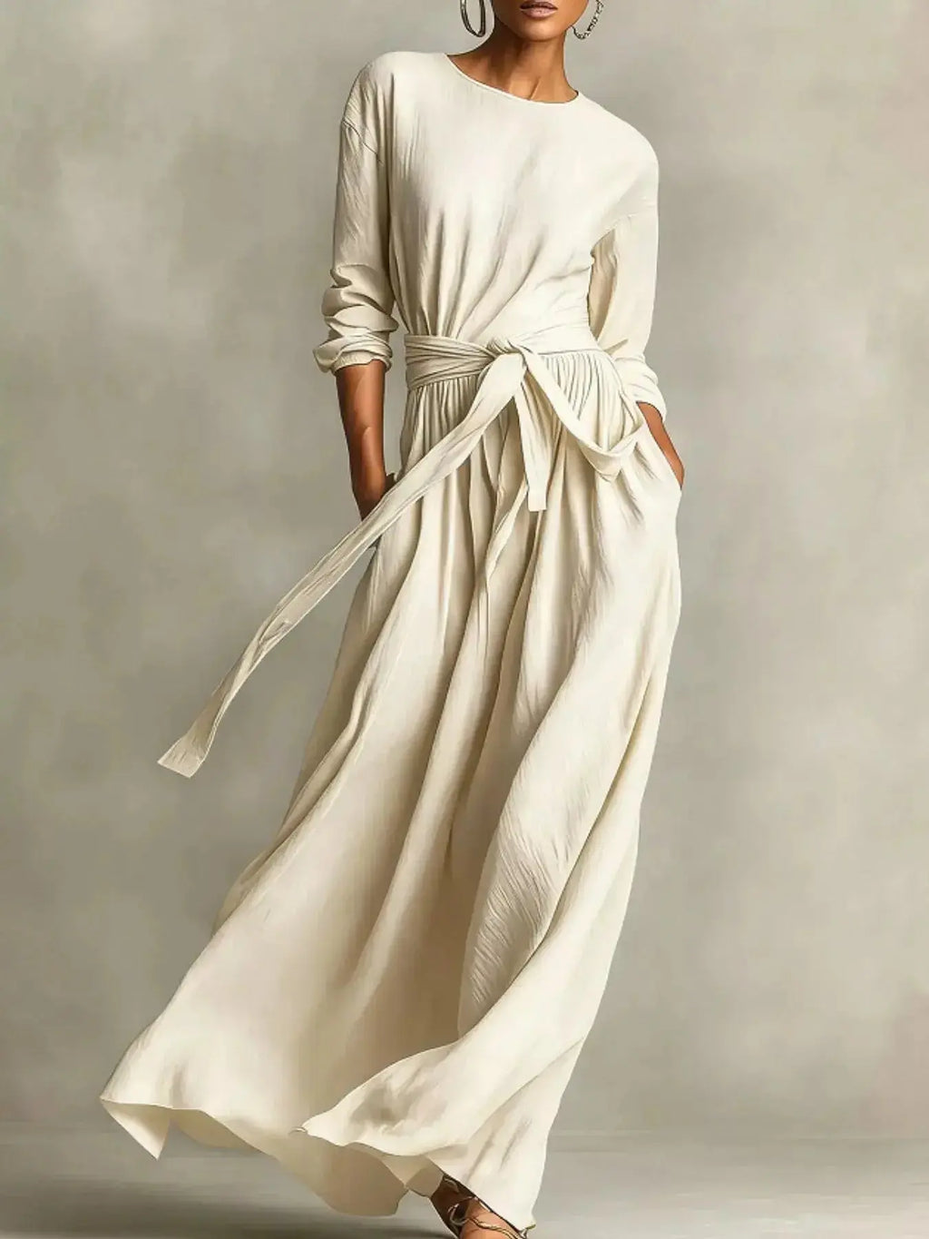 Plus size women's long sleeve maxi dress with tie waist and pockets, stylish and comfortable by Trendsi.
