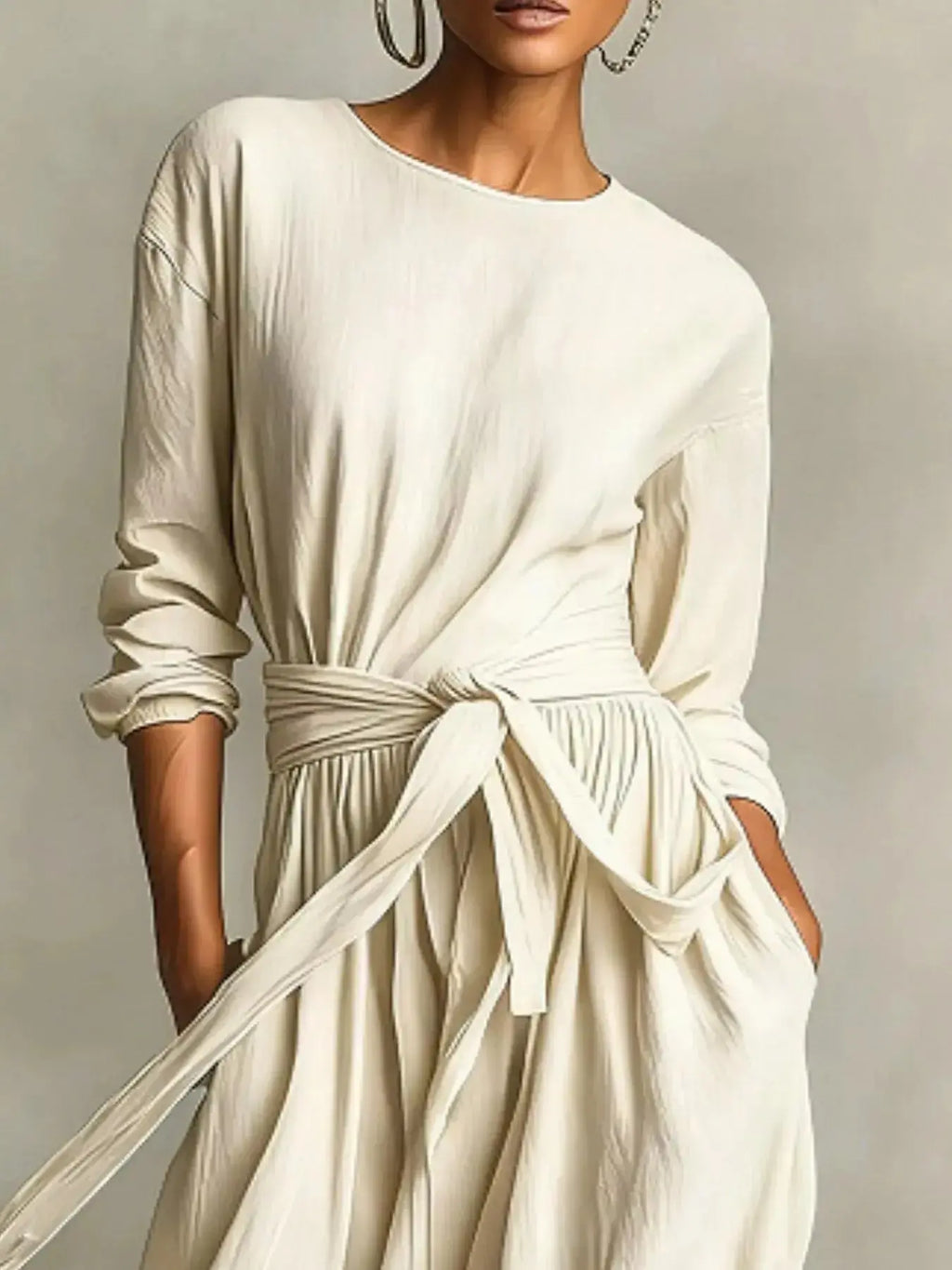 Plus size women's long sleeve maxi dress with tie waist and pockets by Trendsi, featuring a flowing silhouette and comfortable fit.