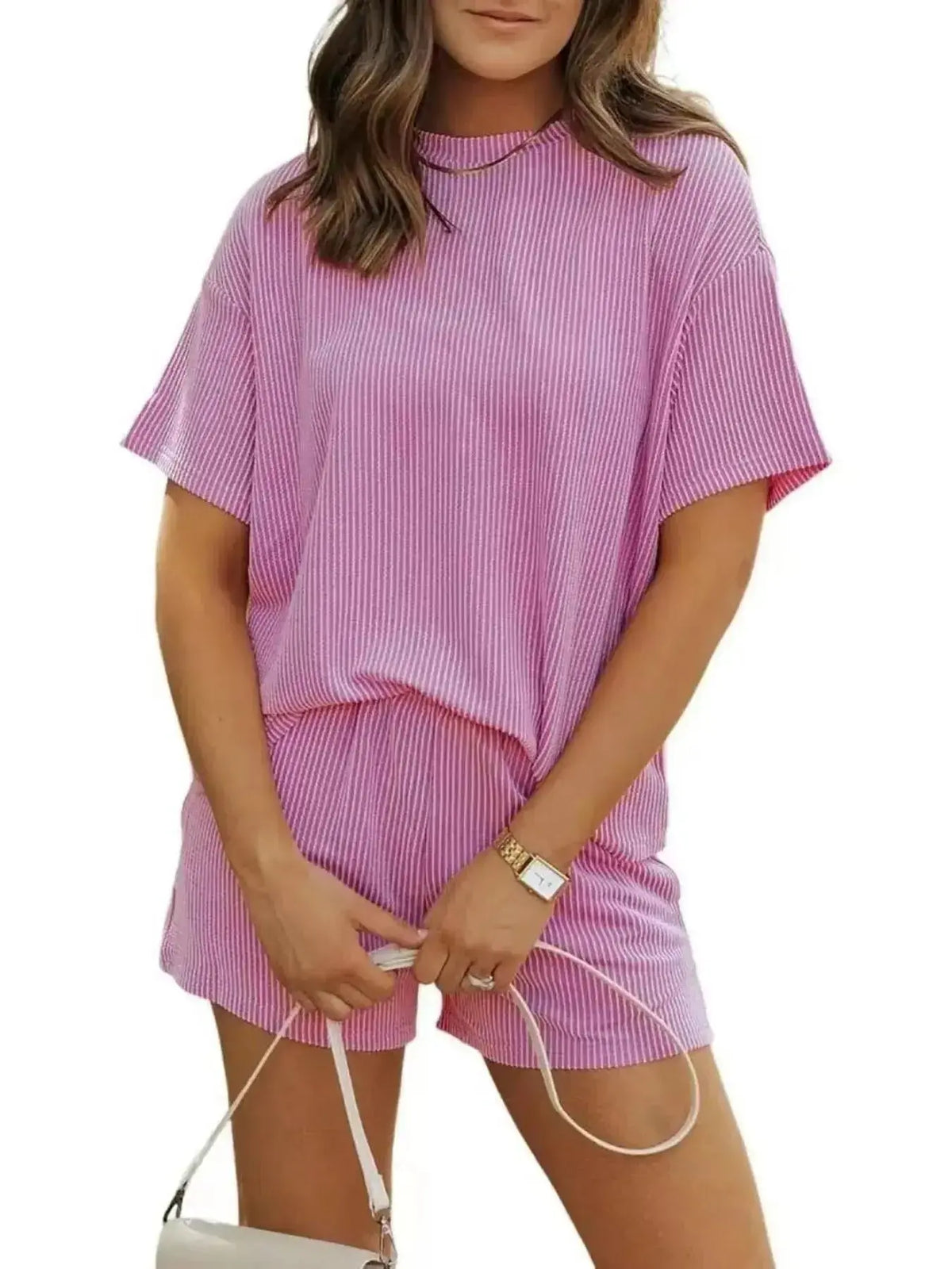 Plus size ribbed women's pajama set with short sleeve top and shorts by Plush Fashion Hub, perfect for comfortable lounging.