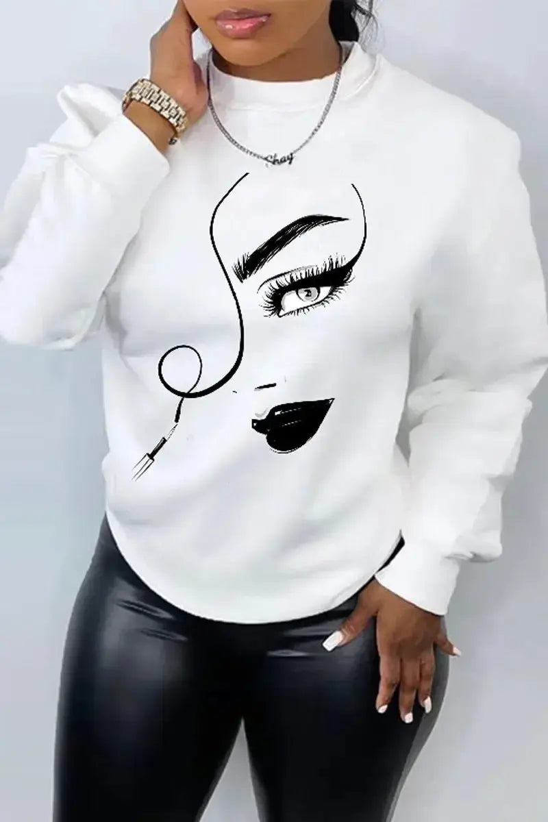 Women’s printed long sleeve crew neck relaxed casual knit sweater by Plush Fashion Hub, featuring a cozy, loose-fit design.