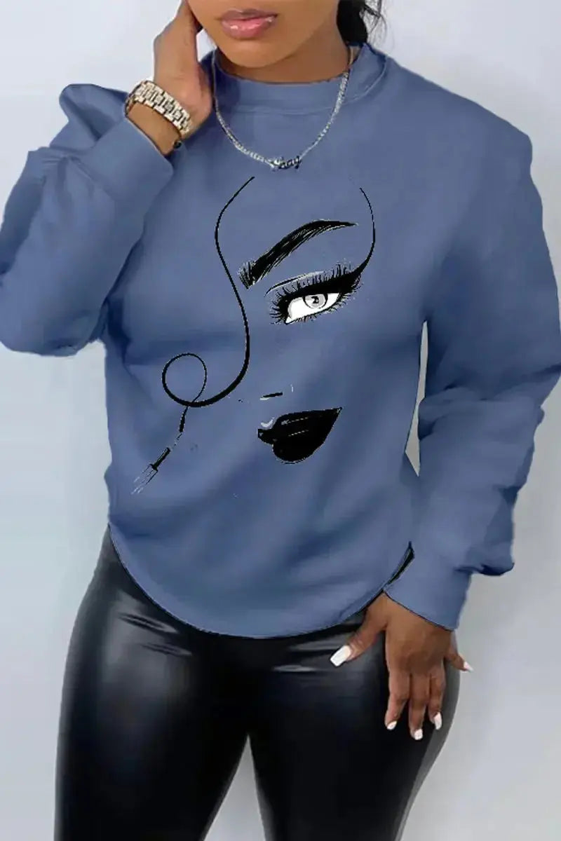 Women’s printed long sleeve crew neck casual knit sweater by Plush Fashion Hub, relaxed fit with a stylish printed design.
