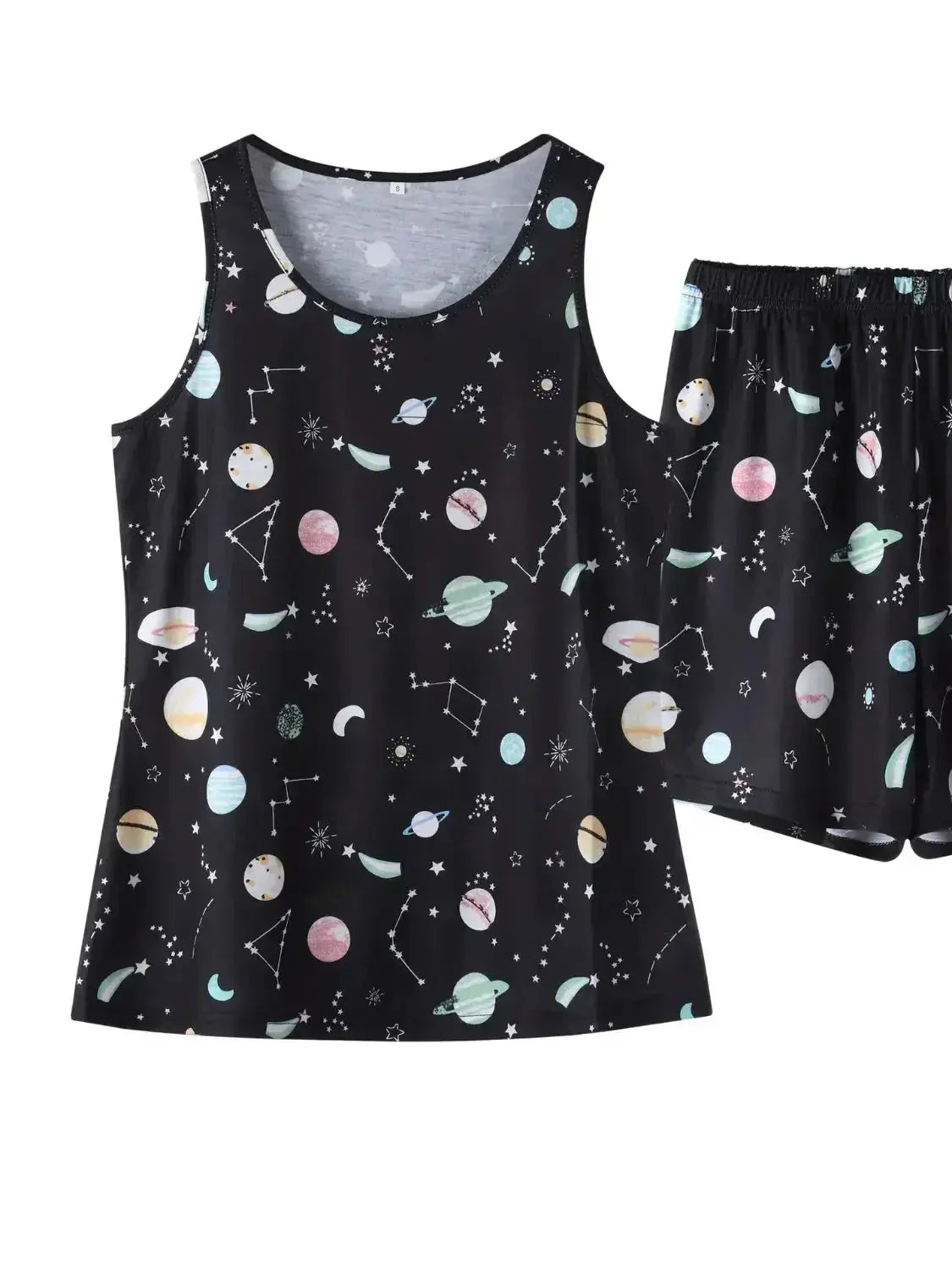 Women’s printed round neck pajama top and shorts lounge set by Trendsi, featuring a comfortable, casual sleepwear style with floral pattern.